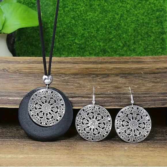 Necklace earring matching mandala boho jewelry set wood alloy combo - Picture 1 of 9